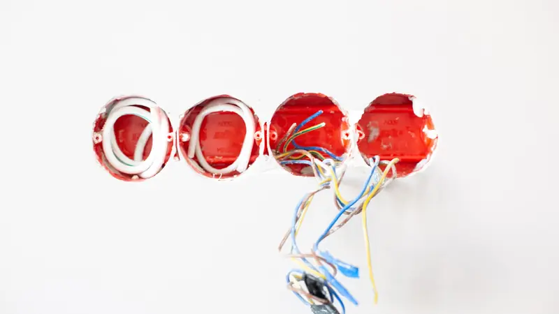 Cajas de luz embutidas en la pared con los cables listos para conectar
